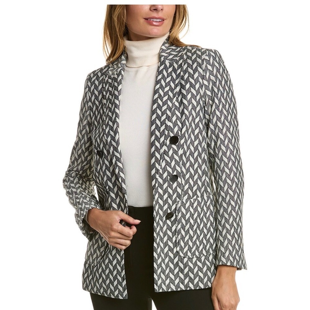 Anne Klein Womens Black Gold Metallic Chevron Double Breasted Blazer Jacket S